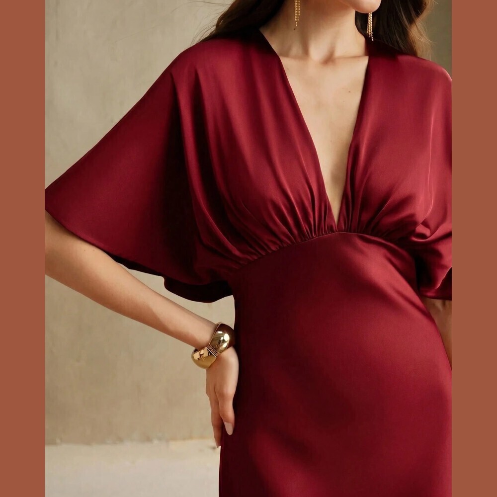 Burgundy Satin Deep V Maxi Dress with Flutter Sleeves - Picture 3 of 7